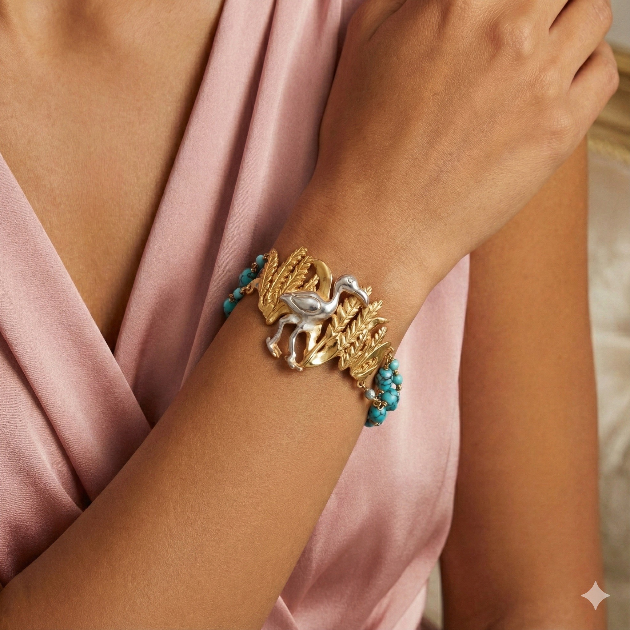 Pharaonic Collection, Ibis Bird In The Wheat Field, With Turquoise Stone Bracelet