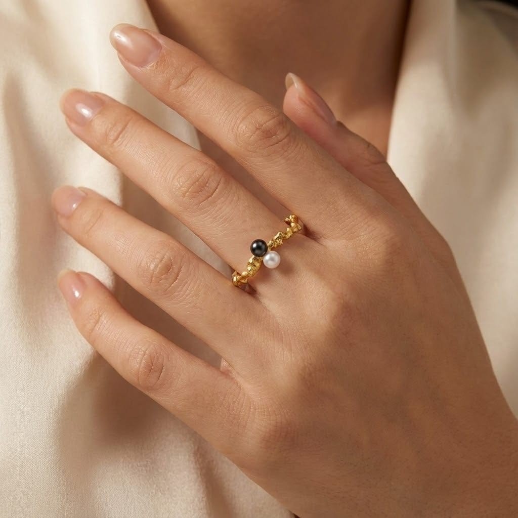 Essential Collection, Organic Free Beads Ring With White & Brown Pearls