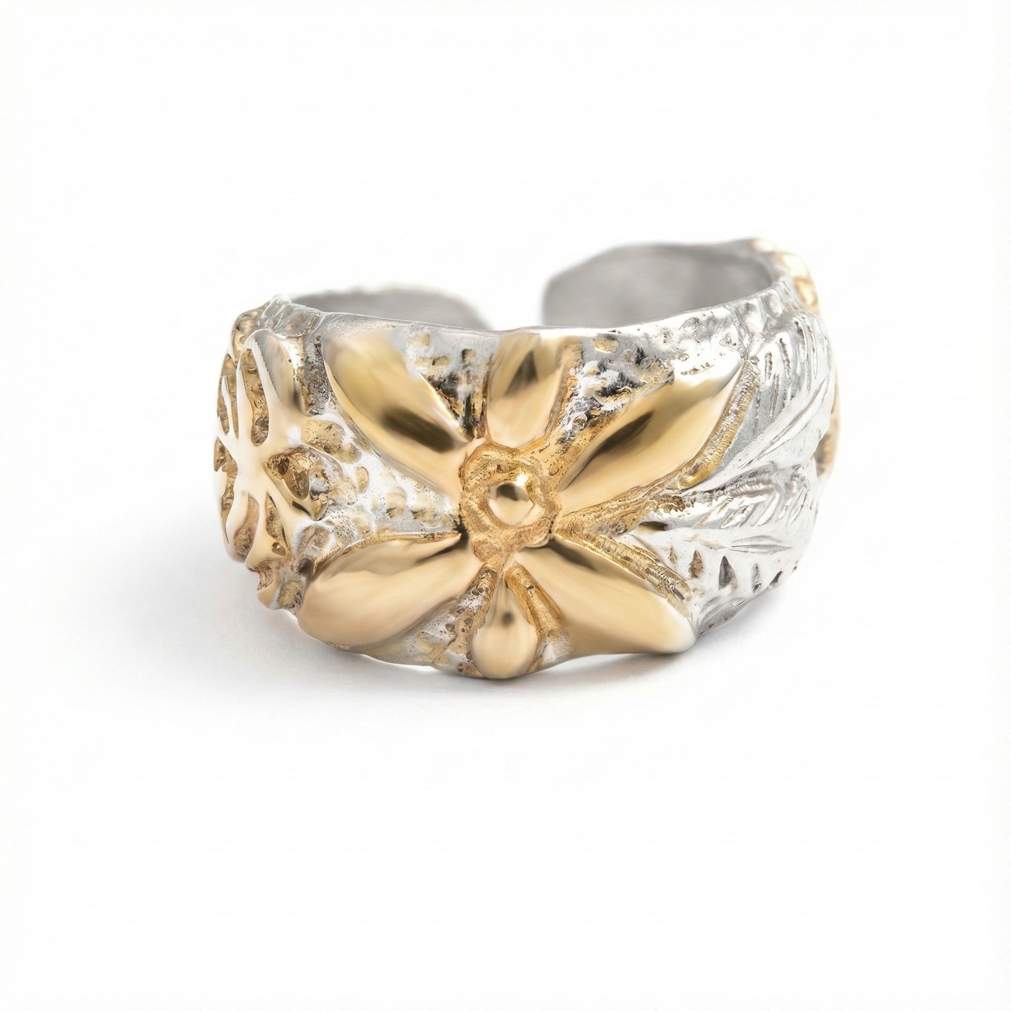 Flowery Collection, Flowers & Leaves Wide Adjustable Ring
