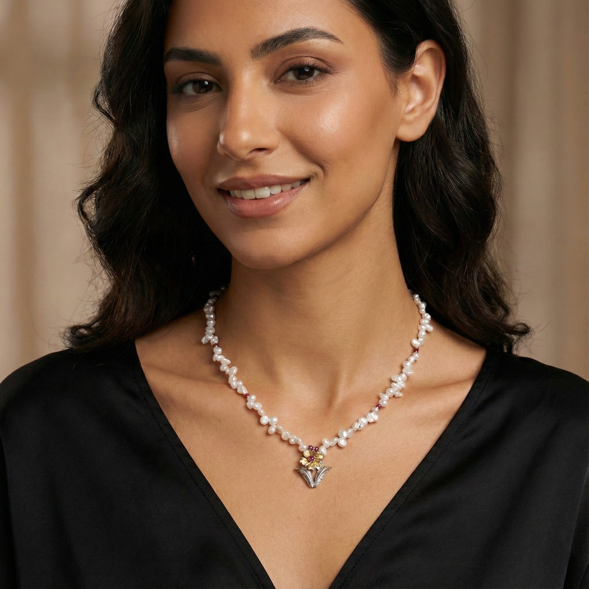 Flowery Collection, Hand Engraved, Flowers & Leaves With Ruby & Pearl Necklace