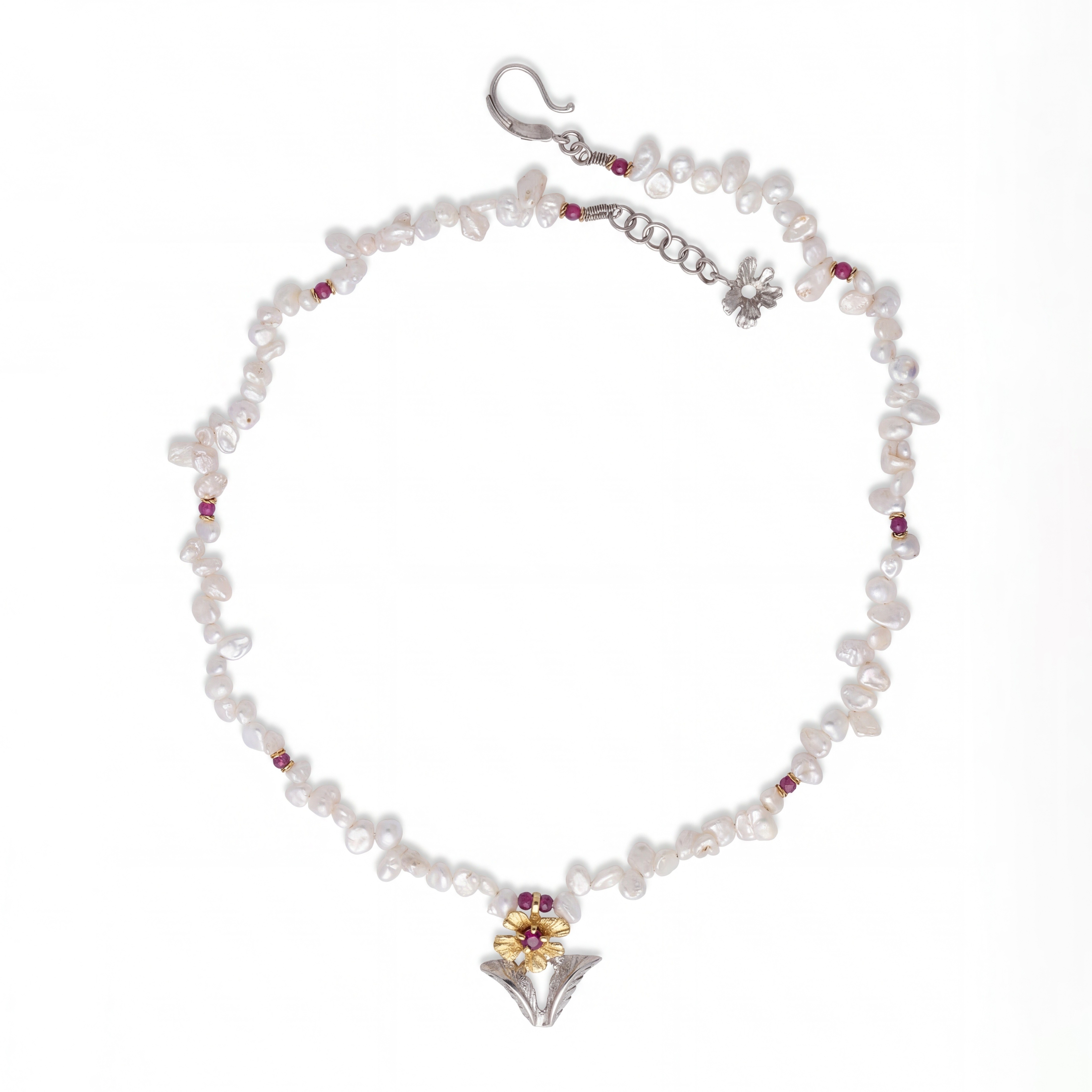 Flowery Collection, Hand Engraved, Flowers & Leaves With Ruby & Pearl Necklace