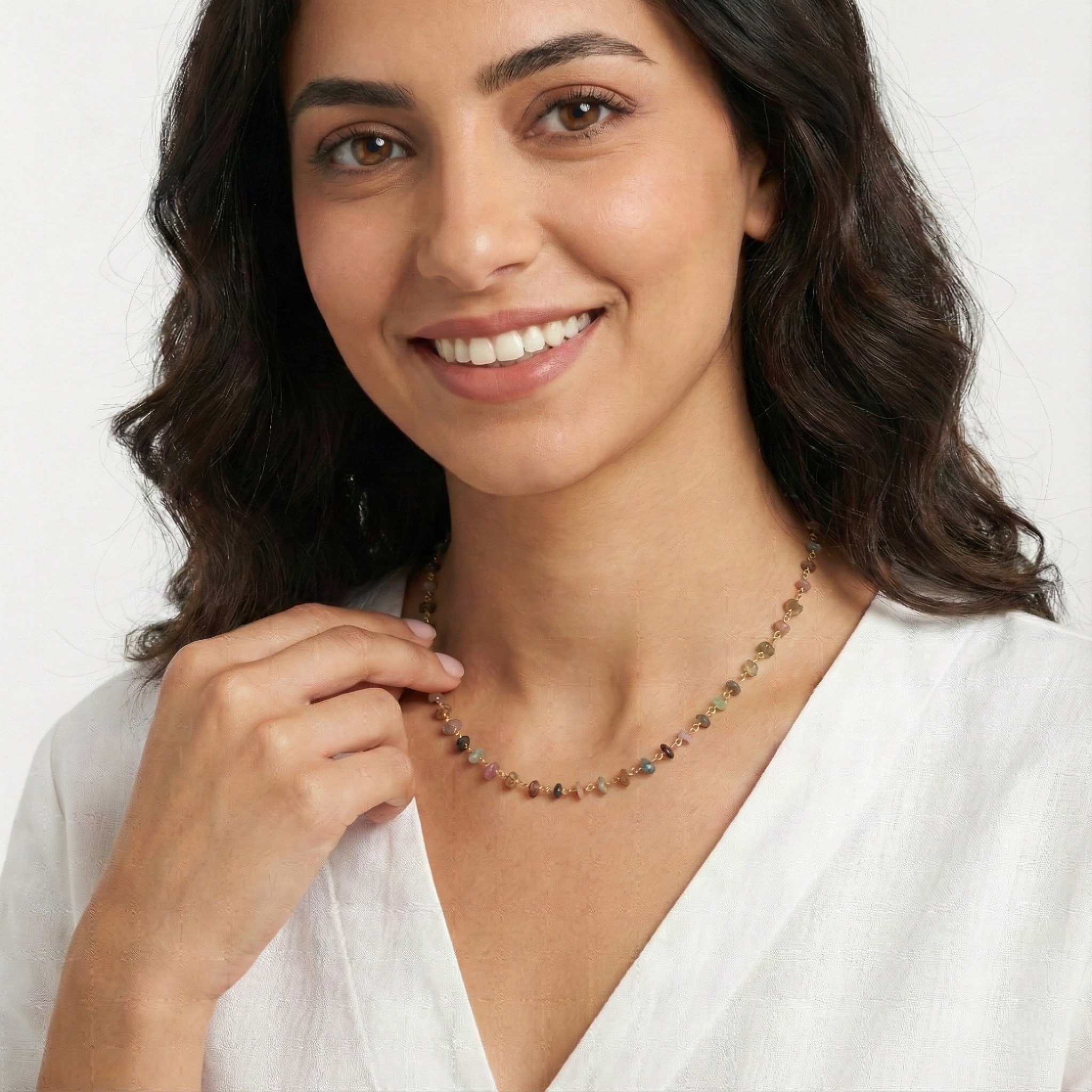 Flowery Collection, Flower & Leaves With Tourmaline Wire Necklace