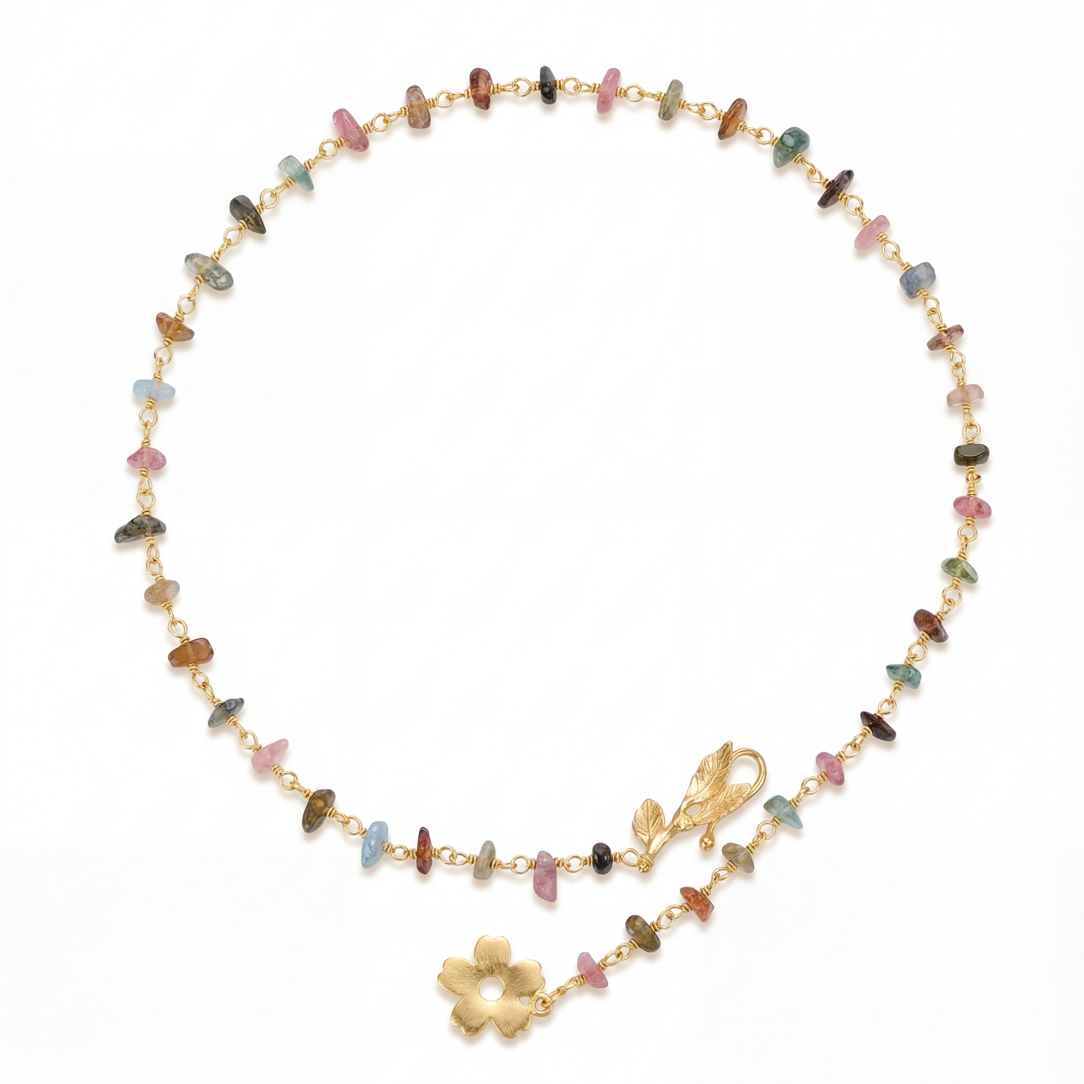 Flowery Collection, Flower & Leaves With Tourmaline Wire Necklace
