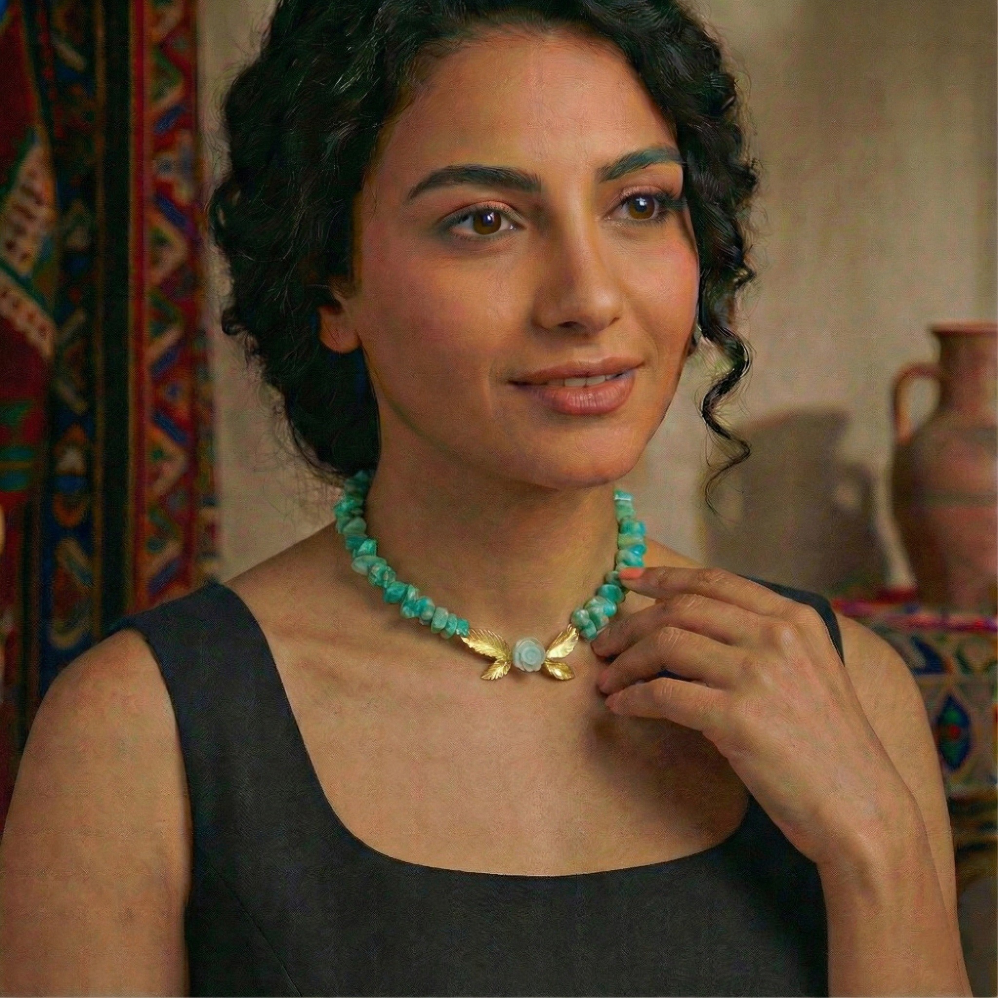 Flowery Collection, Engraved Leaves Amazonite Necklace